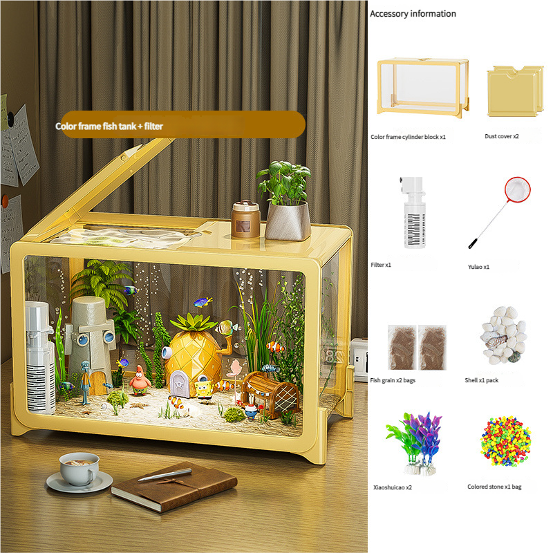 Desktop Fish Tank for Home/Living Room/Balcony/Office - Small-Medium Plastic Lazy Goldfish Tank with Eco-Scaping - Afrilinker