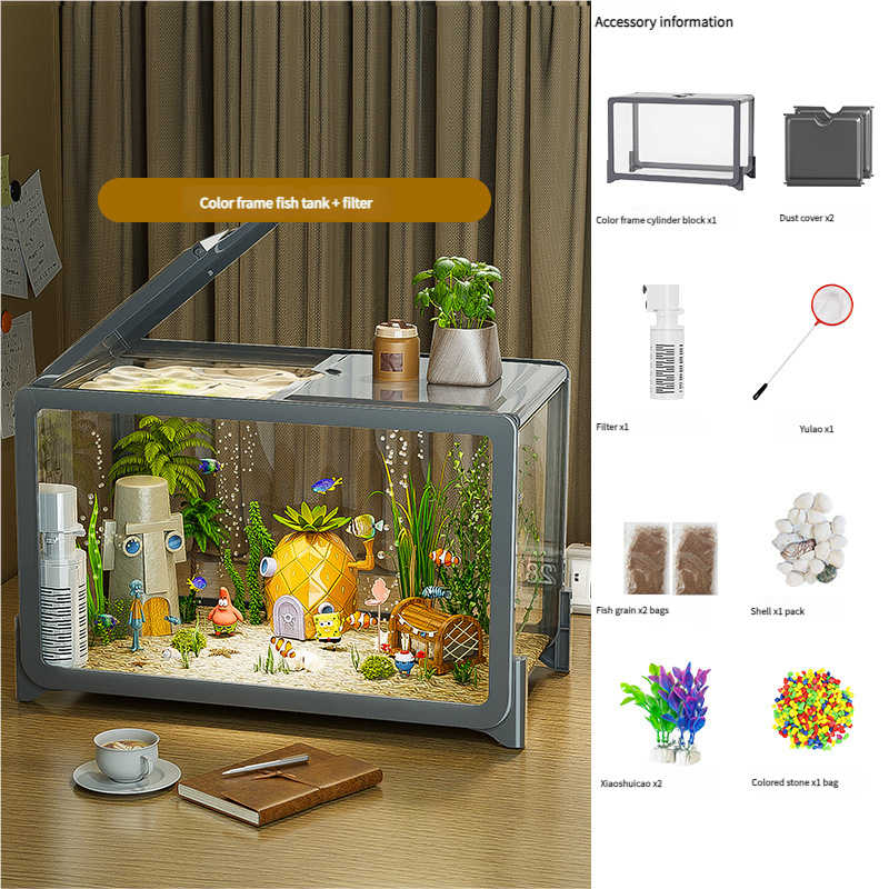 Desktop Fish Tank for Home/Living Room/Balcony/Office - Small-Medium Plastic Lazy Goldfish Tank with Eco-Scaping - Afrilinker