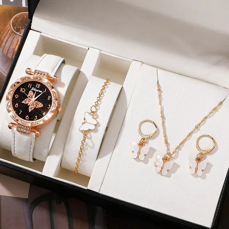 Fashion Casual Butterfly Watch & Jewelry Set - Leather Band - Afrilinker