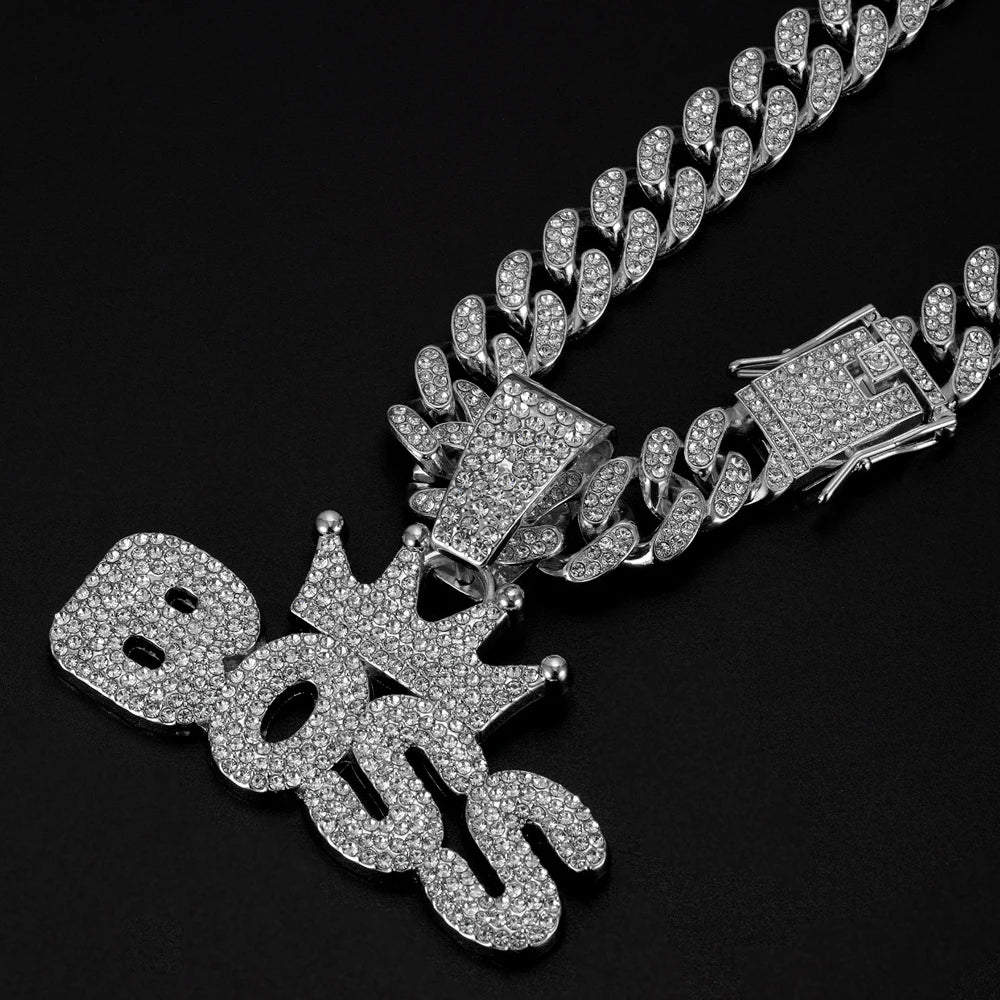 Hip Hop "BOSS" Pendant Necklace with Iced Out Rhinestones - Afrilinker