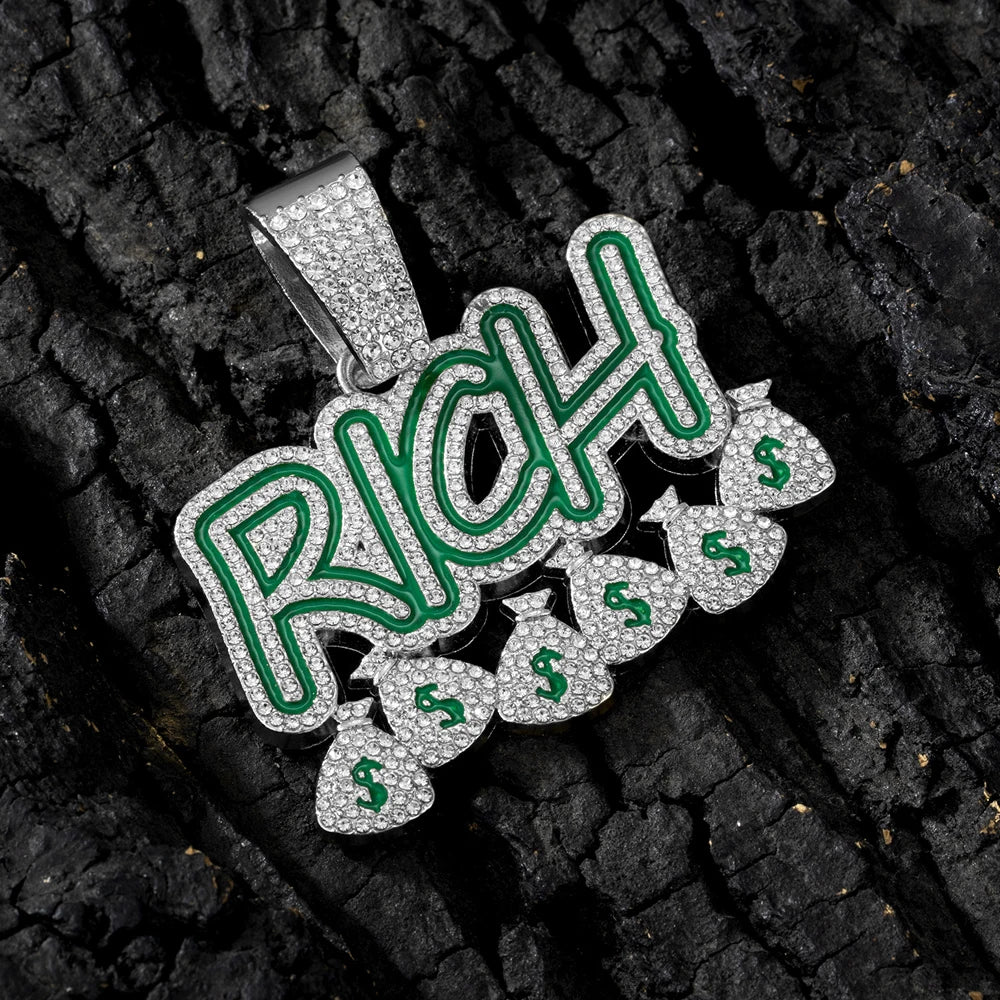 Hip Hop "RICH" Money Bag Pendant Necklace with 13mm Miami Cuban Chain - Afrilinker