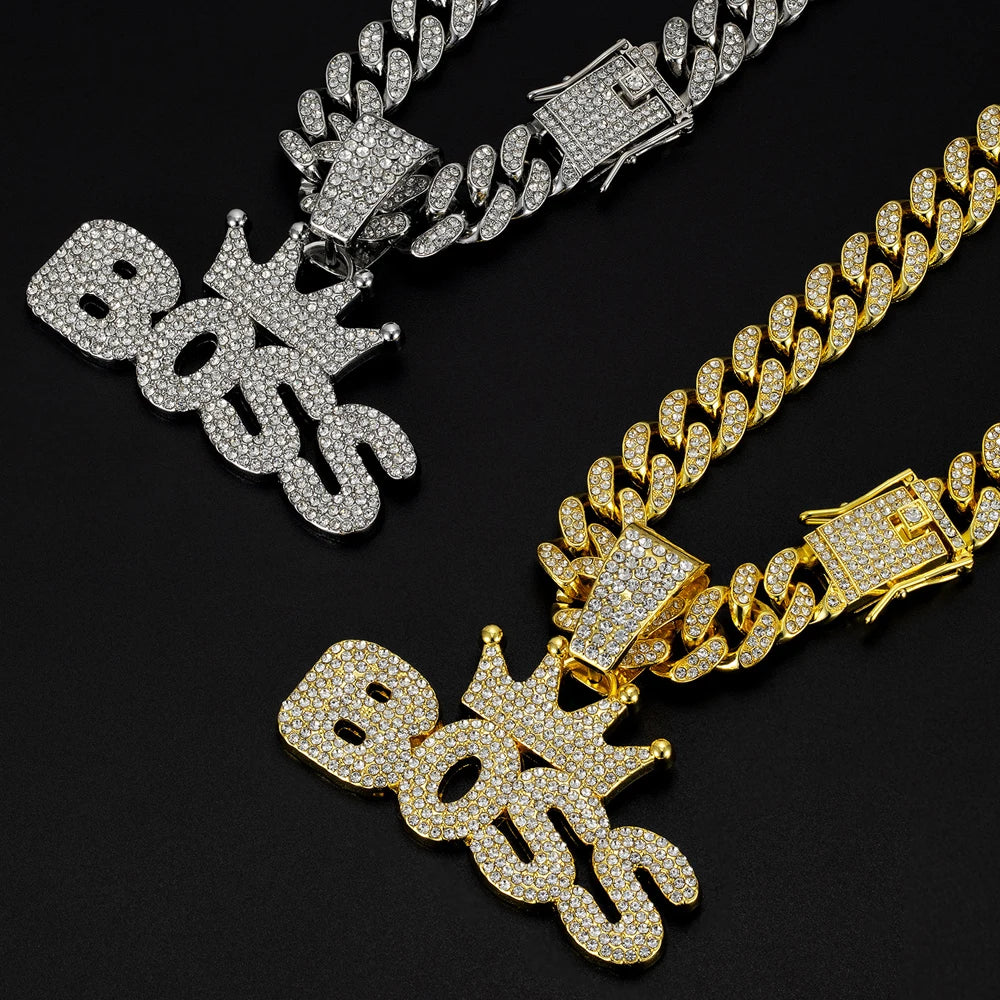 Hip Hop "BOSS" Pendant Necklace with Iced Out Rhinestones - Afrilinker