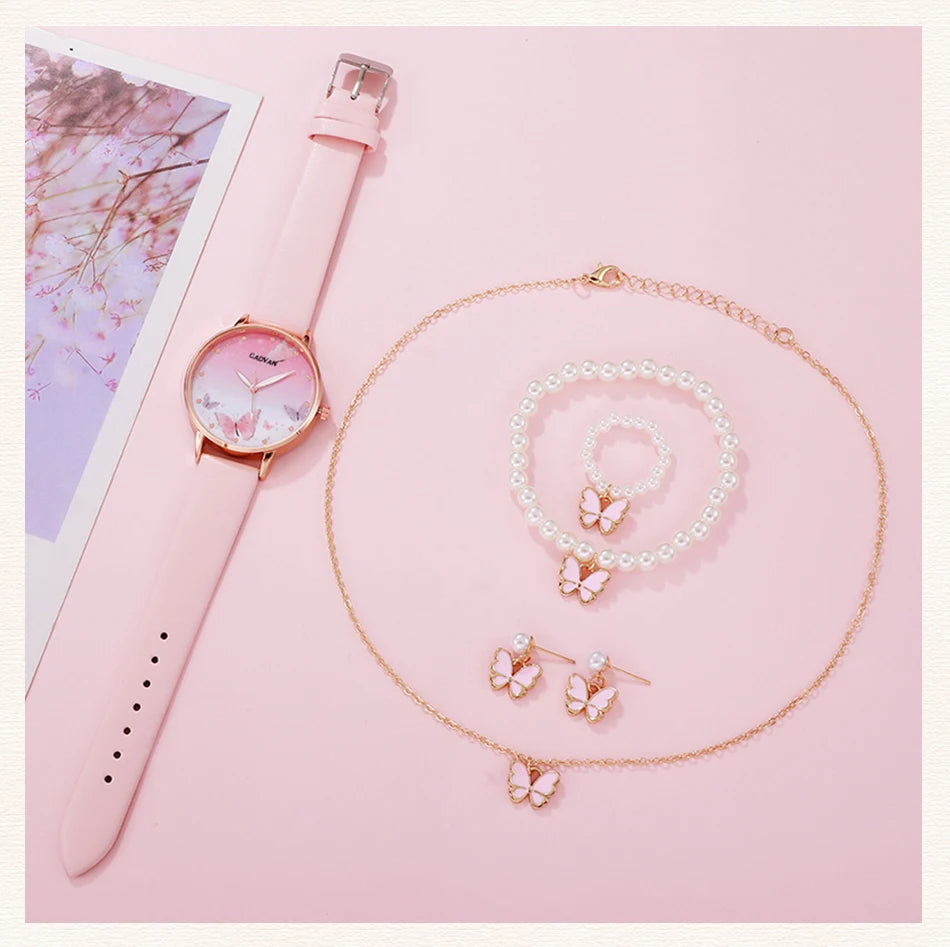 Women's Pink Butterfly Watch & Jewelry Set - Afrilinker