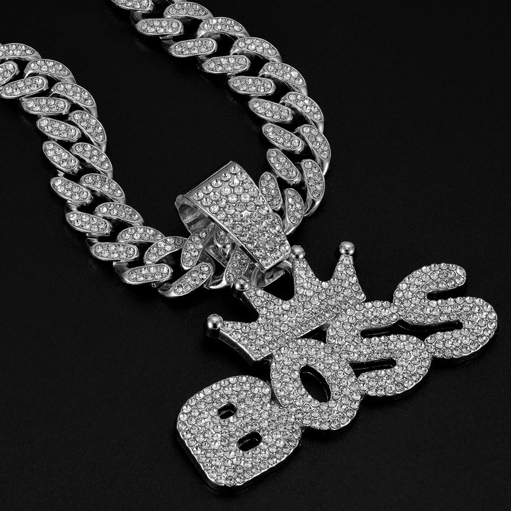 Hip Hop "BOSS" Pendant Necklace with Iced Out Rhinestones - Afrilinker