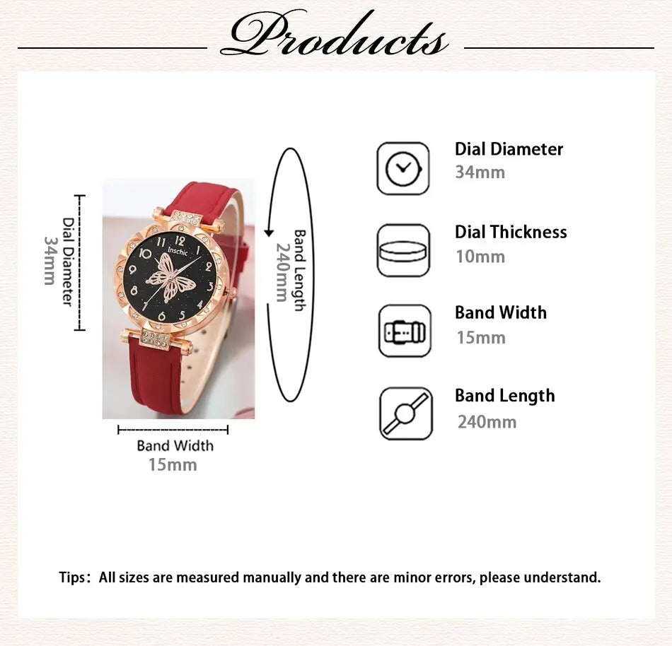 Fashion Casual Butterfly Watch & Jewelry Set - Leather Band - Afrilinker
