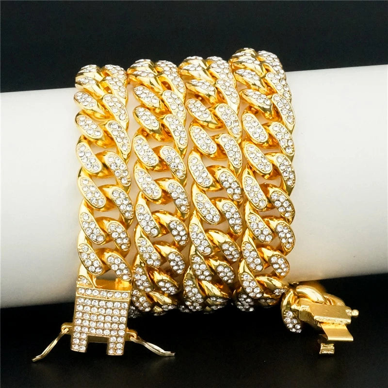 Unisex 13MM AAA Rhinestone Iced Out Miami Cuban Link Chain Necklace - Afrilinker