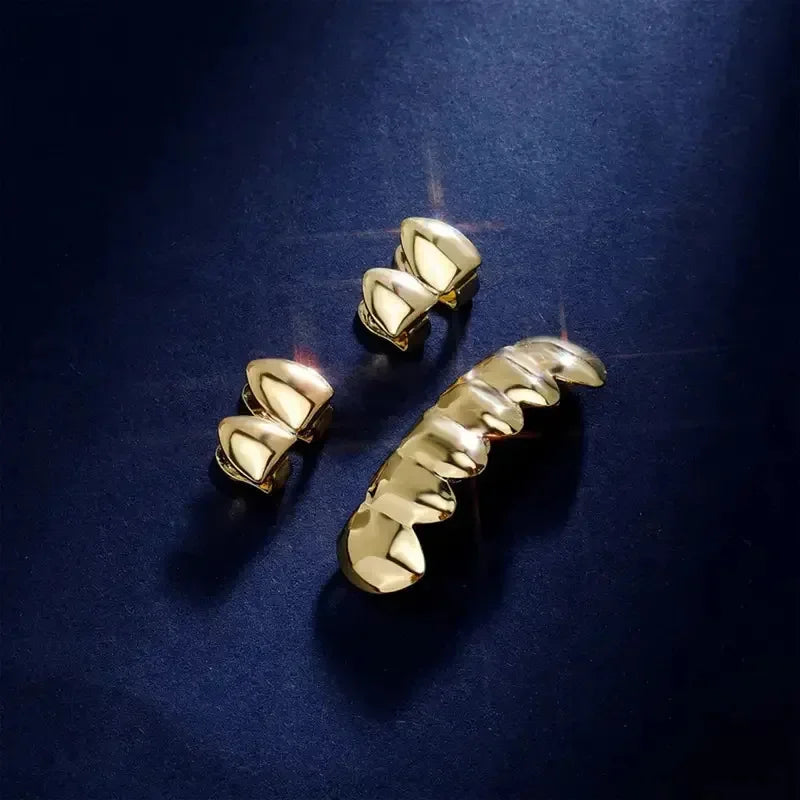 3CPS/Set Gold Silver-Plated Hip Hop Teeth for Mouth Grillz Caps Top&Bottom Grill Set Vampire Teeth for Halloween Party Sets - Afrilinker