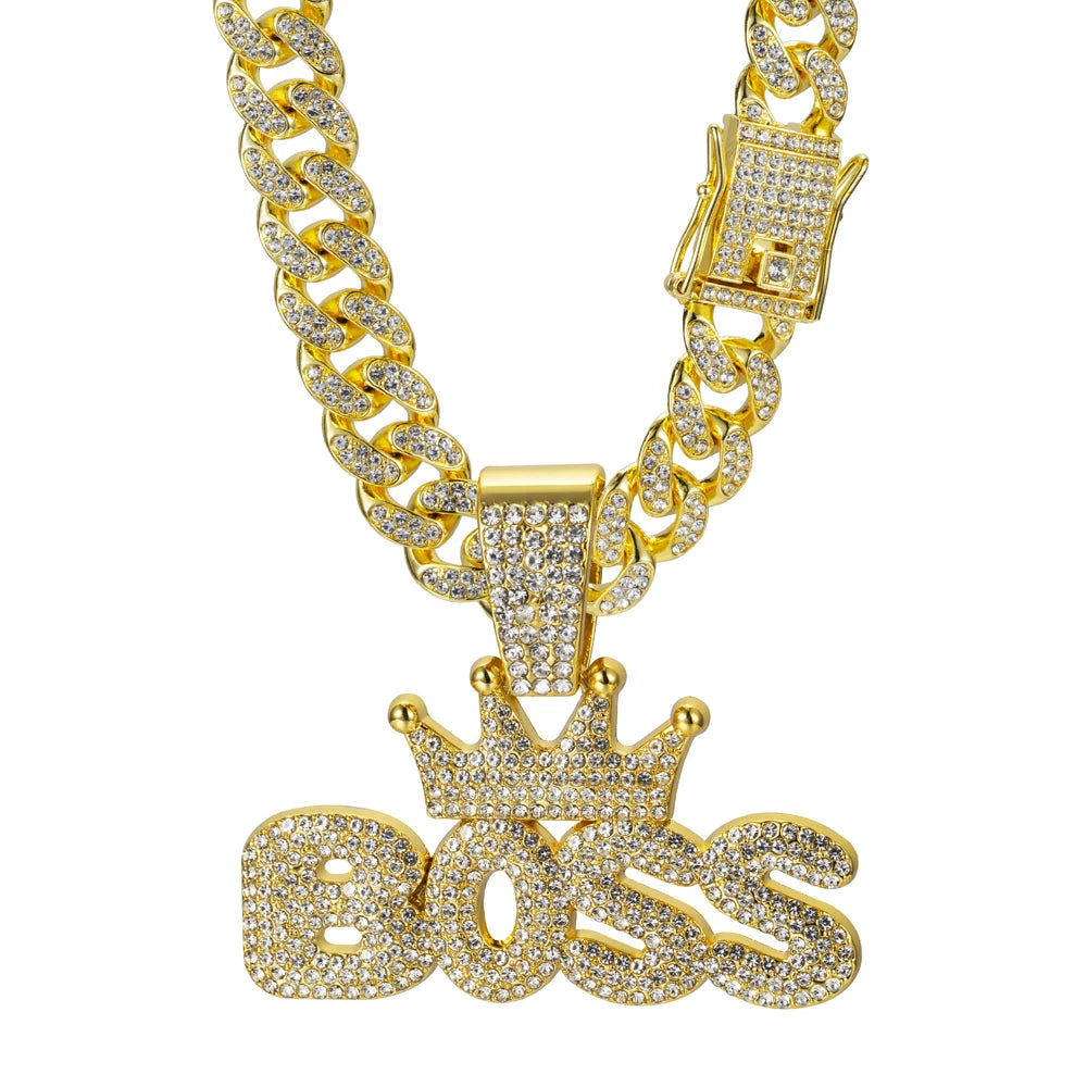 Hip Hop "BOSS" Pendant Necklace with Iced Out Rhinestones - Afrilinker
