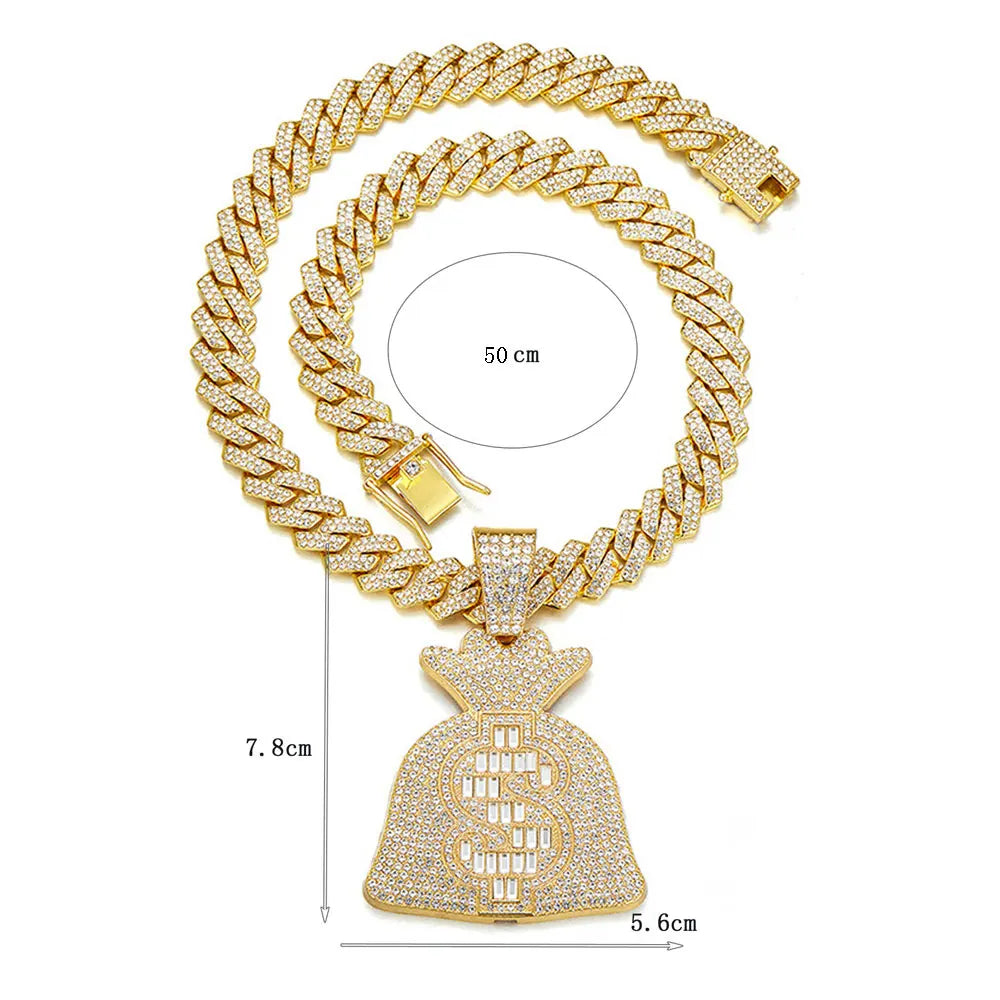 Hip Hop Iced Out Money Bag Pendant Cuban Chain Necklace - Afrilinker