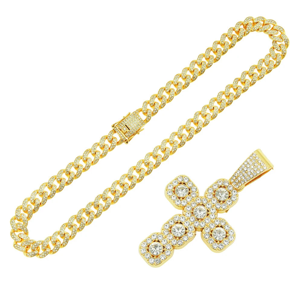 Hip Hop Square Cross Pendant Necklace with 13mm Cuban Chain - Afrilinker