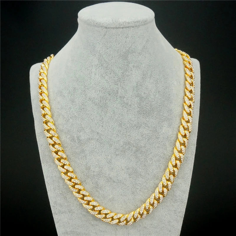 Unisex 13MM AAA Rhinestone Iced Out Miami Cuban Link Chain Necklace - Afrilinker