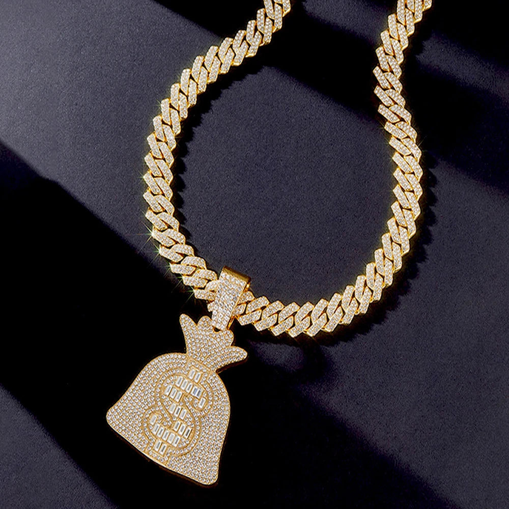 Hip Hop Iced Out Money Bag Pendant Cuban Chain Necklace - Afrilinker
