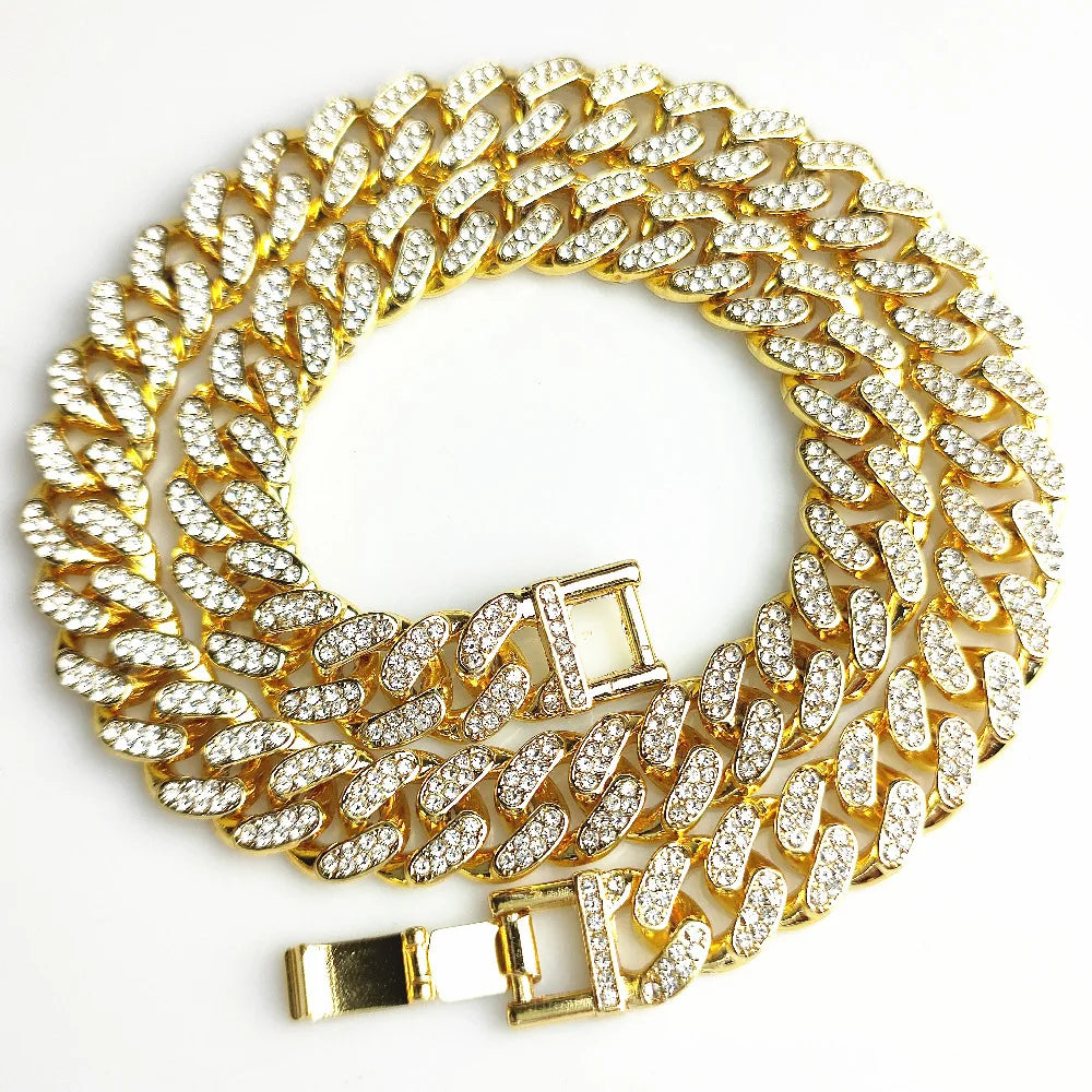 Unisex 13MM AAA Rhinestone Iced Out Miami Cuban Link Chain Necklace - Afrilinker