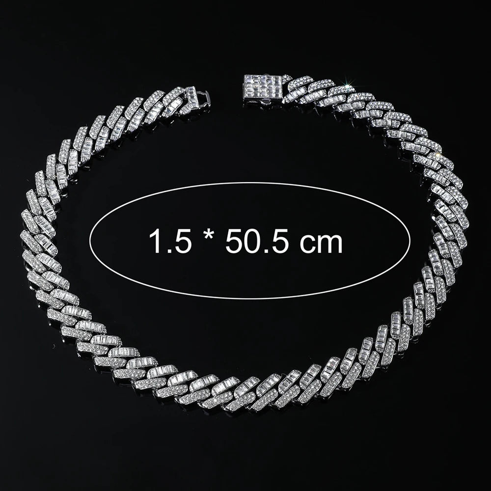 Hip Hop Iced Out 15MM Baguette Stone Cuban Chain Necklace - Afrilinker