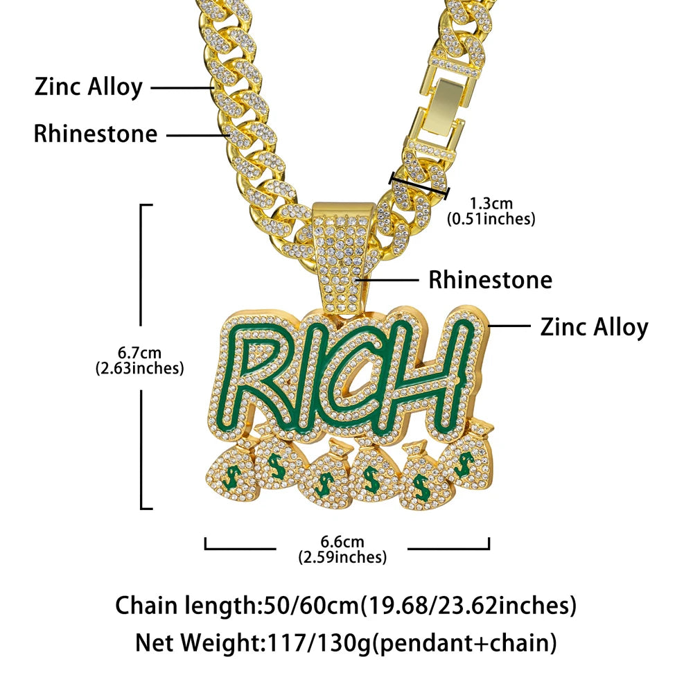 Hip Hop "RICH" Money Bag Pendant Necklace with 13mm Miami Cuban Chain - Afrilinker