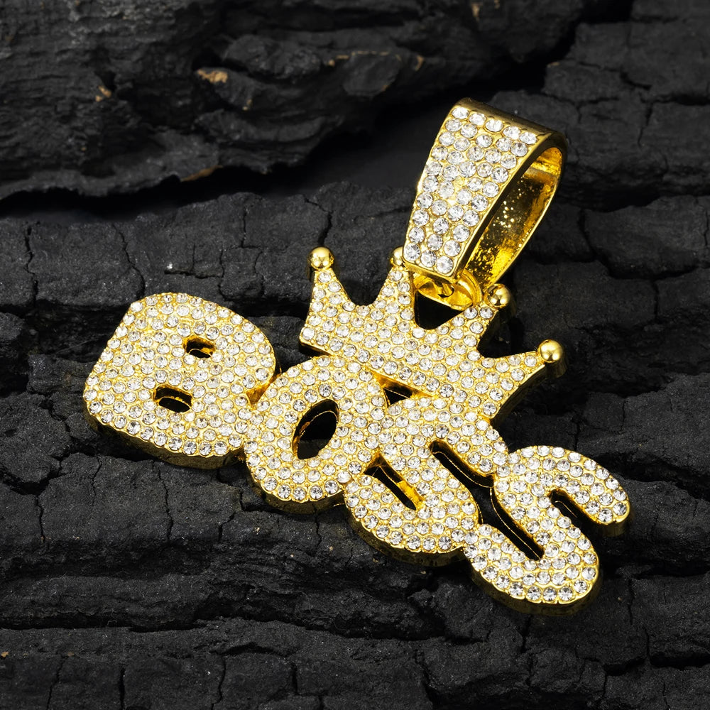 Hip Hop "BOSS" Pendant Necklace with Iced Out Rhinestones - Afrilinker