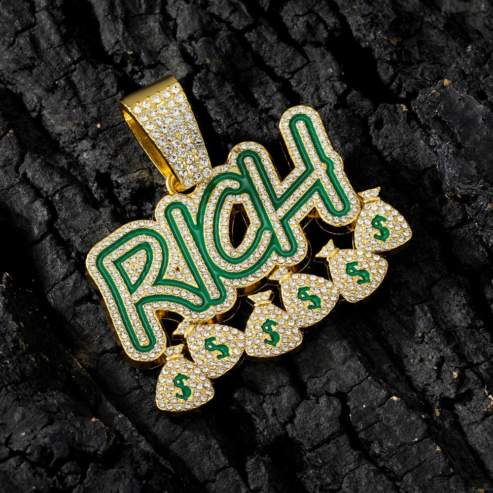 Hip Hop "RICH" Money Bag Pendant Necklace with 13mm Miami Cuban Chain - Afrilinker