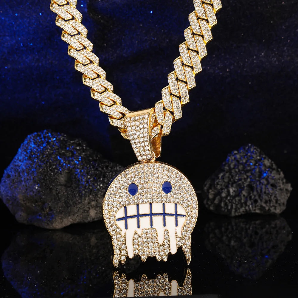 Hip Hop Iced Out Round Face Pendant Cuban Chain Necklace - Afrilinker