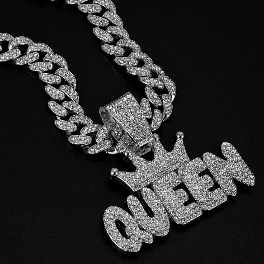 Hip Hop Crown & QUEEN Letter Pendant Cuban Chain Necklace - Afrilinker