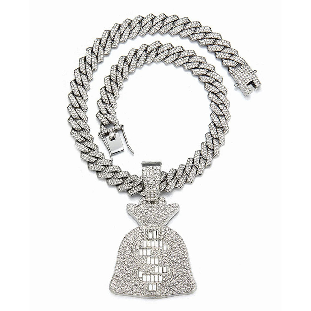 Hip Hop Iced Out Money Bag Pendant Cuban Chain Necklace - Afrilinker
