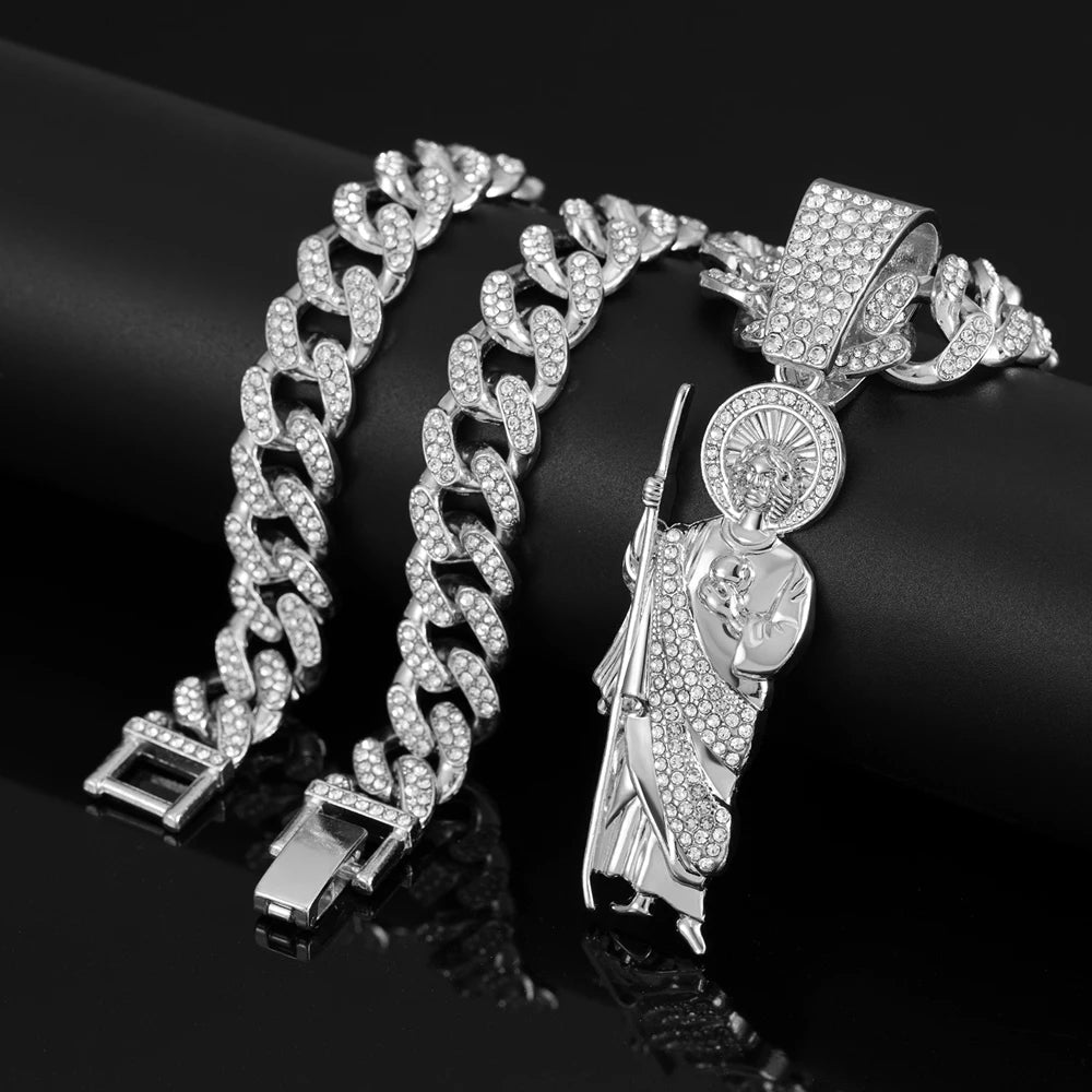 Men's Hip Hop Saint Jude Pendant Necklace with 13mm Cuban Chain - Afrilinker