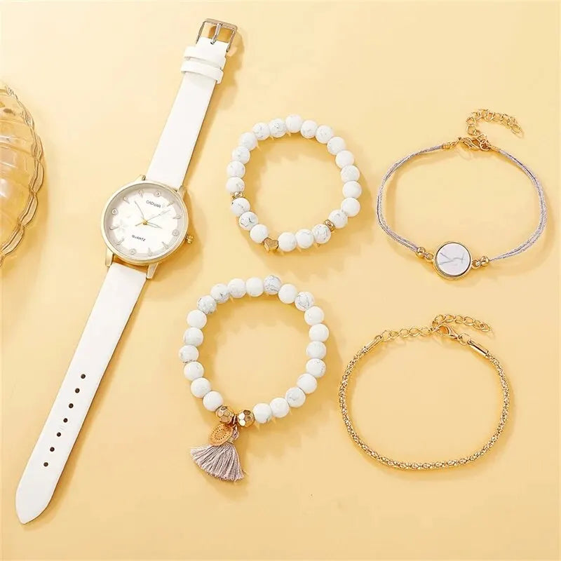 Women's Leather Band Quartz Watch Set - 5 - Piece Fashion Casual - Afrilinker