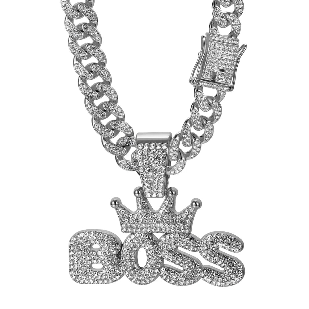 Hip Hop "BOSS" Pendant Necklace with Iced Out Rhinestones - Afrilinker