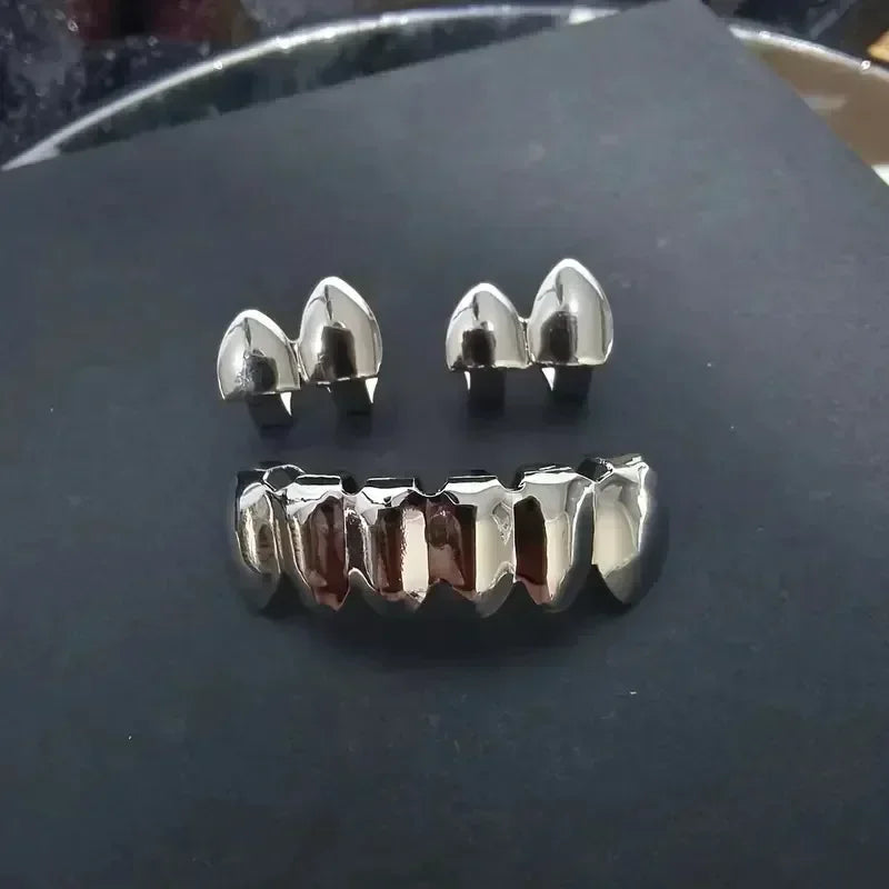 3CPS/Set Gold Silver-Plated Hip Hop Teeth for Mouth Grillz Caps Top&Bottom Grill Set Vampire Teeth for Halloween Party Sets - Afrilinker