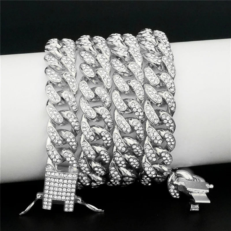 Unisex 13MM AAA Rhinestone Iced Out Miami Cuban Link Chain Necklace - Afrilinker