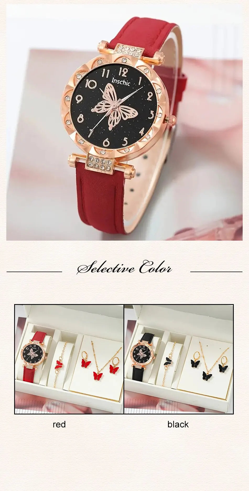 Fashion Casual Butterfly Watch & Jewelry Set - Leather Band - Afrilinker