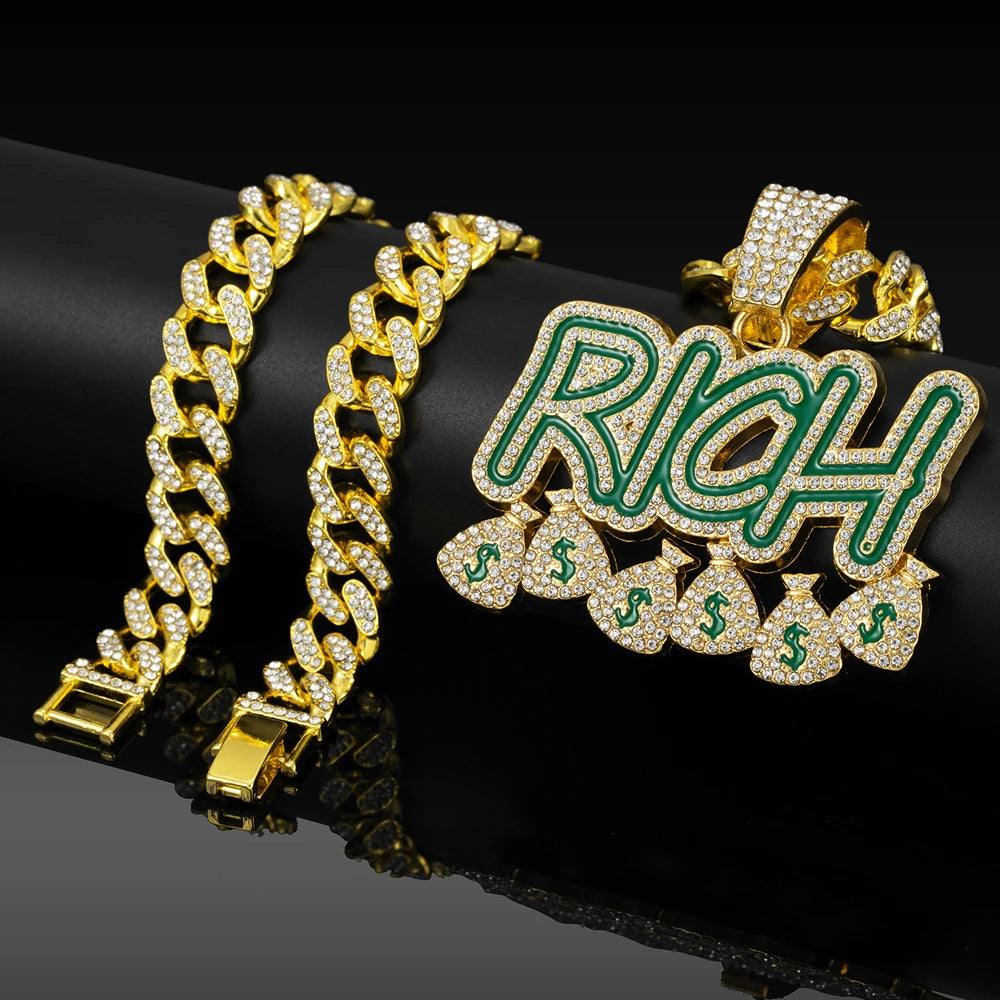 Hip Hop "RICH" Money Bag Pendant Necklace with 13mm Miami Cuban Chain - Afrilinker