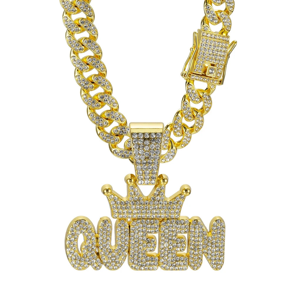 Hip Hop Crown & QUEEN Letter Pendant Cuban Chain Necklace - Afrilinker