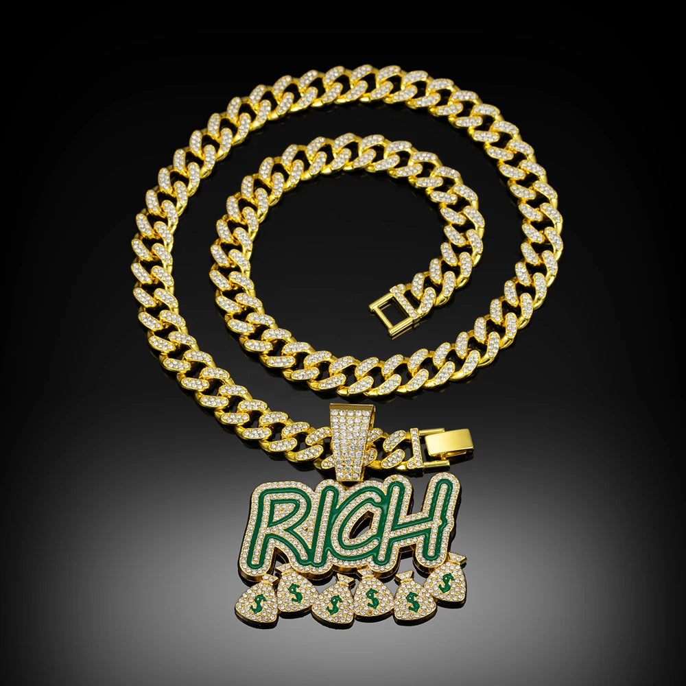 Hip Hop "RICH" Money Bag Pendant Necklace with 13mm Miami Cuban Chain - Afrilinker