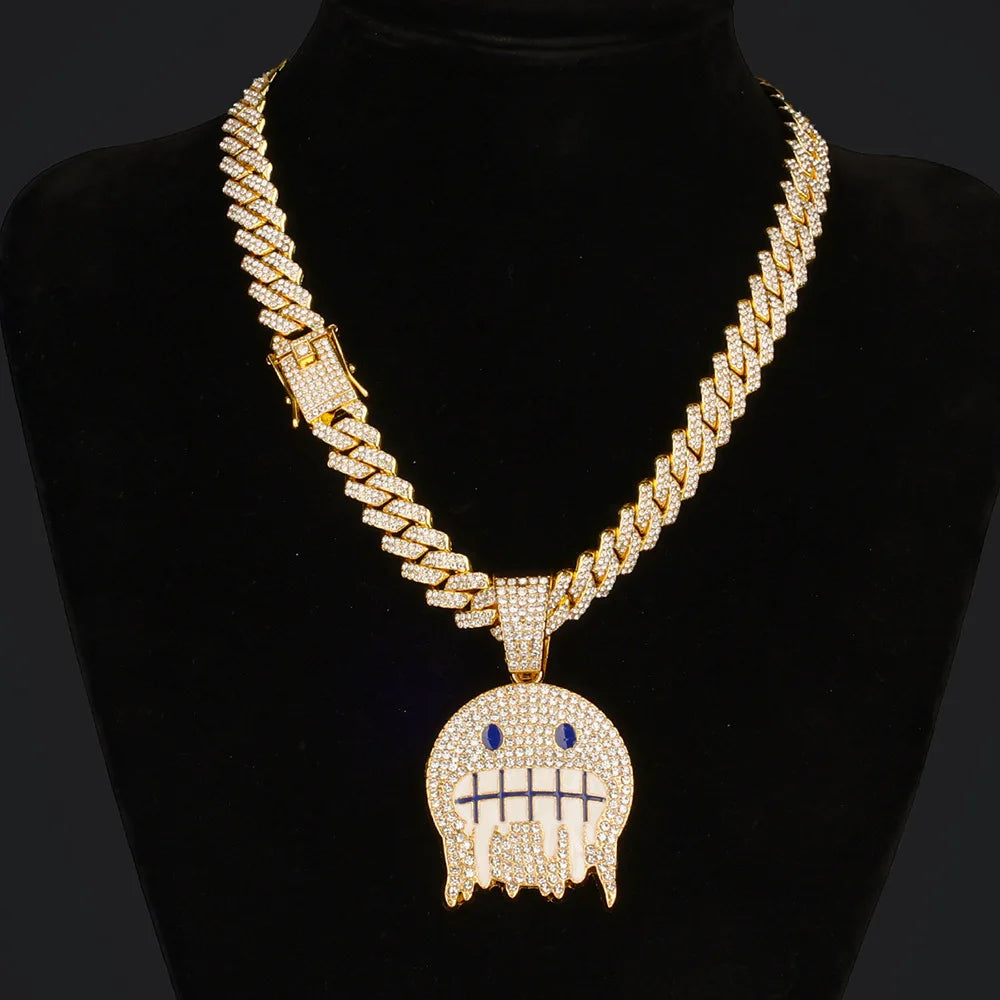 Hip Hop Iced Out Round Face Pendant Cuban Chain Necklace - Afrilinker