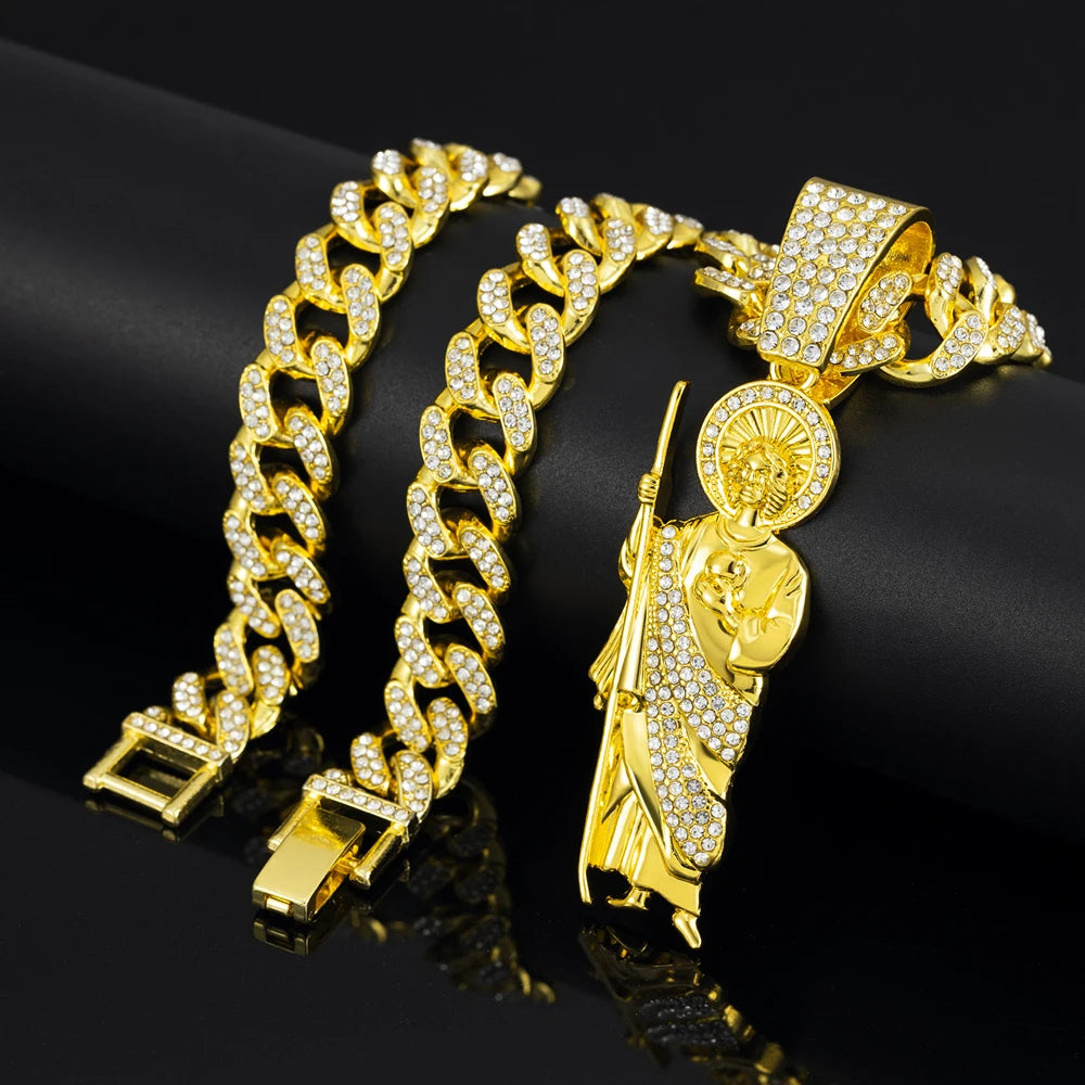 Men's Hip Hop Saint Jude Pendant Necklace with 13mm Cuban Chain - Afrilinker