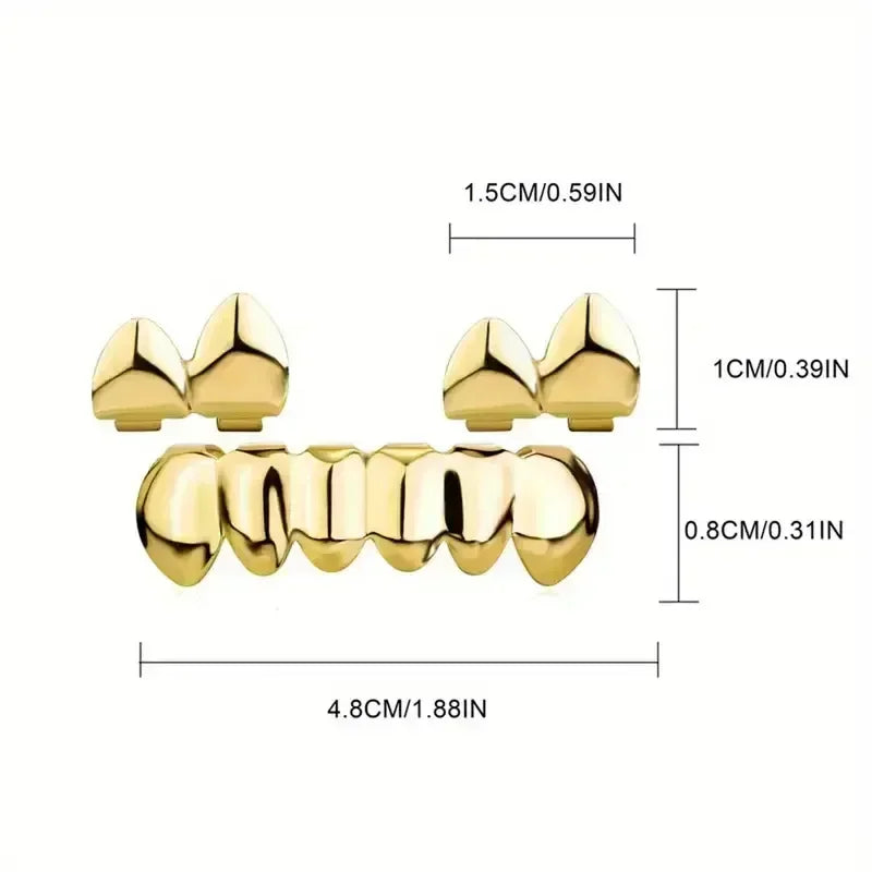 3CPS/Set Gold Silver-Plated Hip Hop Teeth for Mouth Grillz Caps Top&Bottom Grill Set Vampire Teeth for Halloween Party Sets - Afrilinker