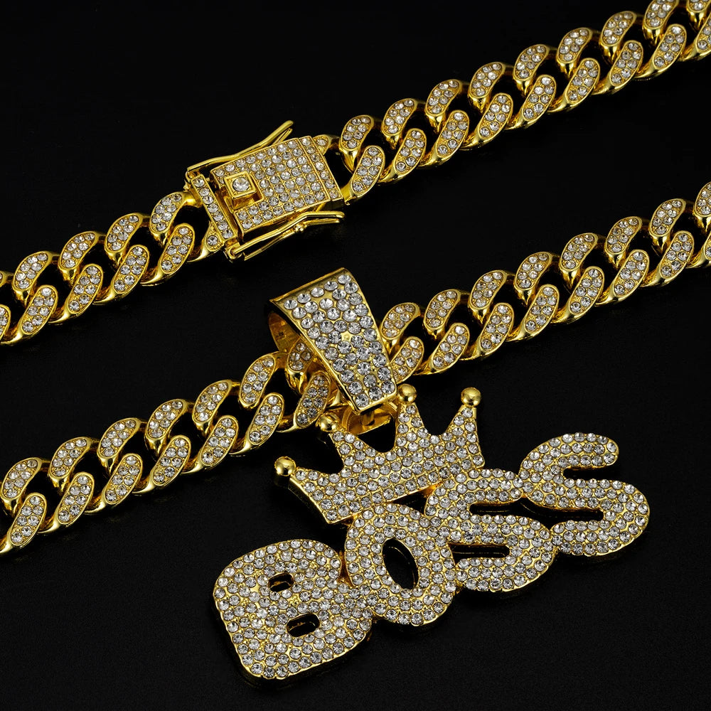 Hip Hop "BOSS" Pendant Necklace with Iced Out Rhinestones - Afrilinker