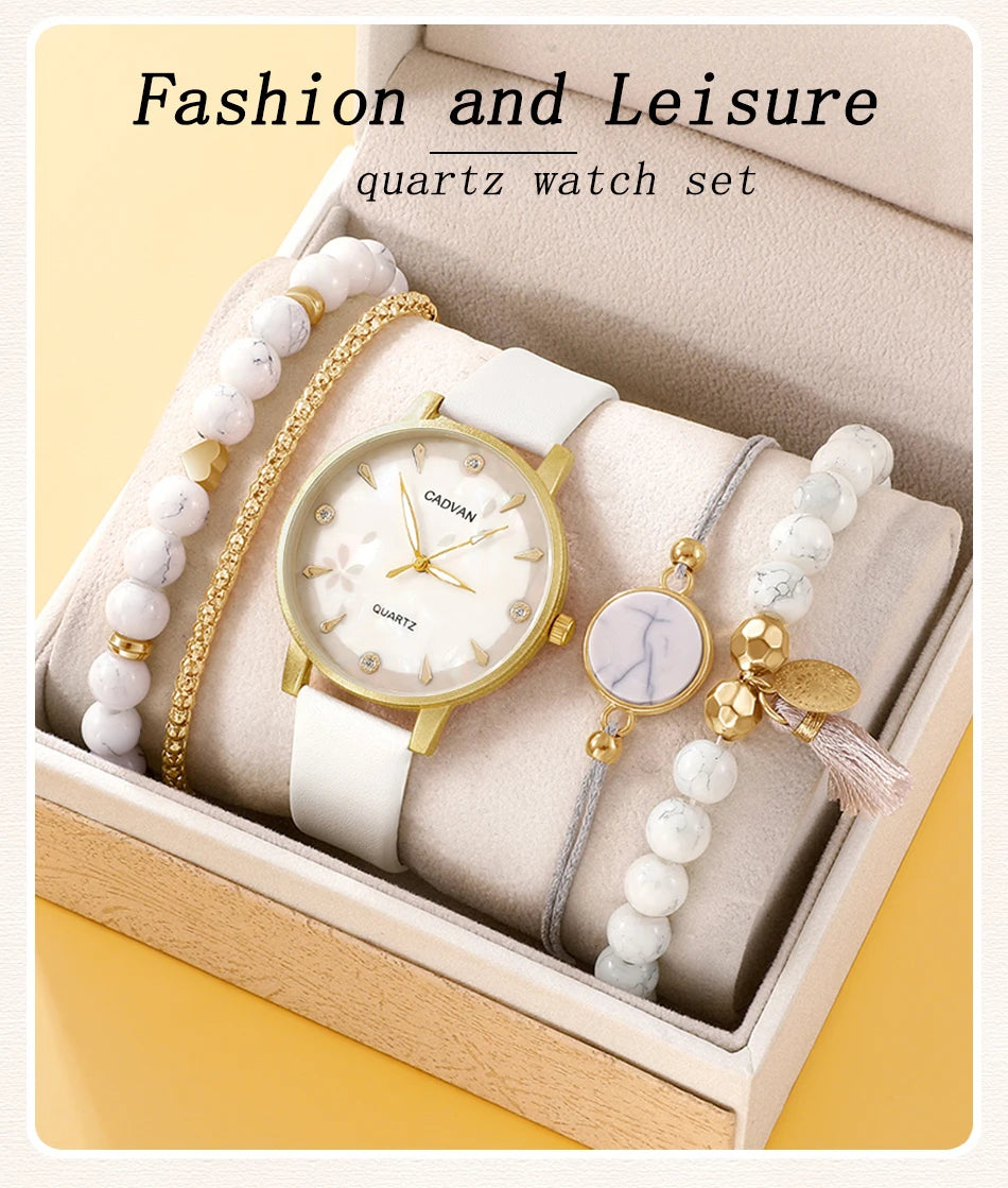 Women's Leather Band Quartz Watch Set - 5 - Piece Fashion Casual - Afrilinker