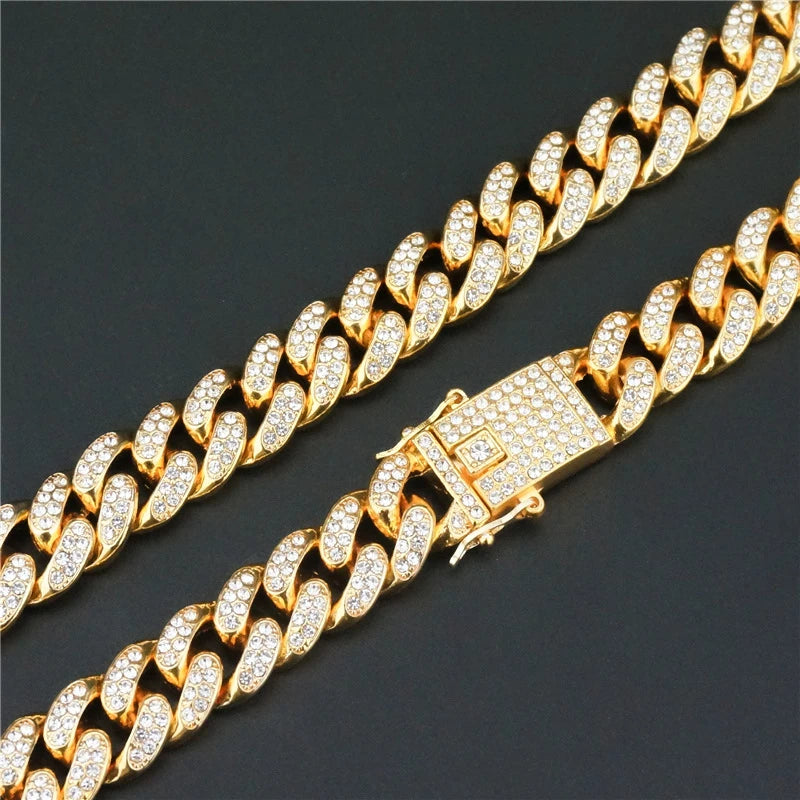 Unisex 13MM AAA Rhinestone Iced Out Miami Cuban Link Chain Necklace - Afrilinker