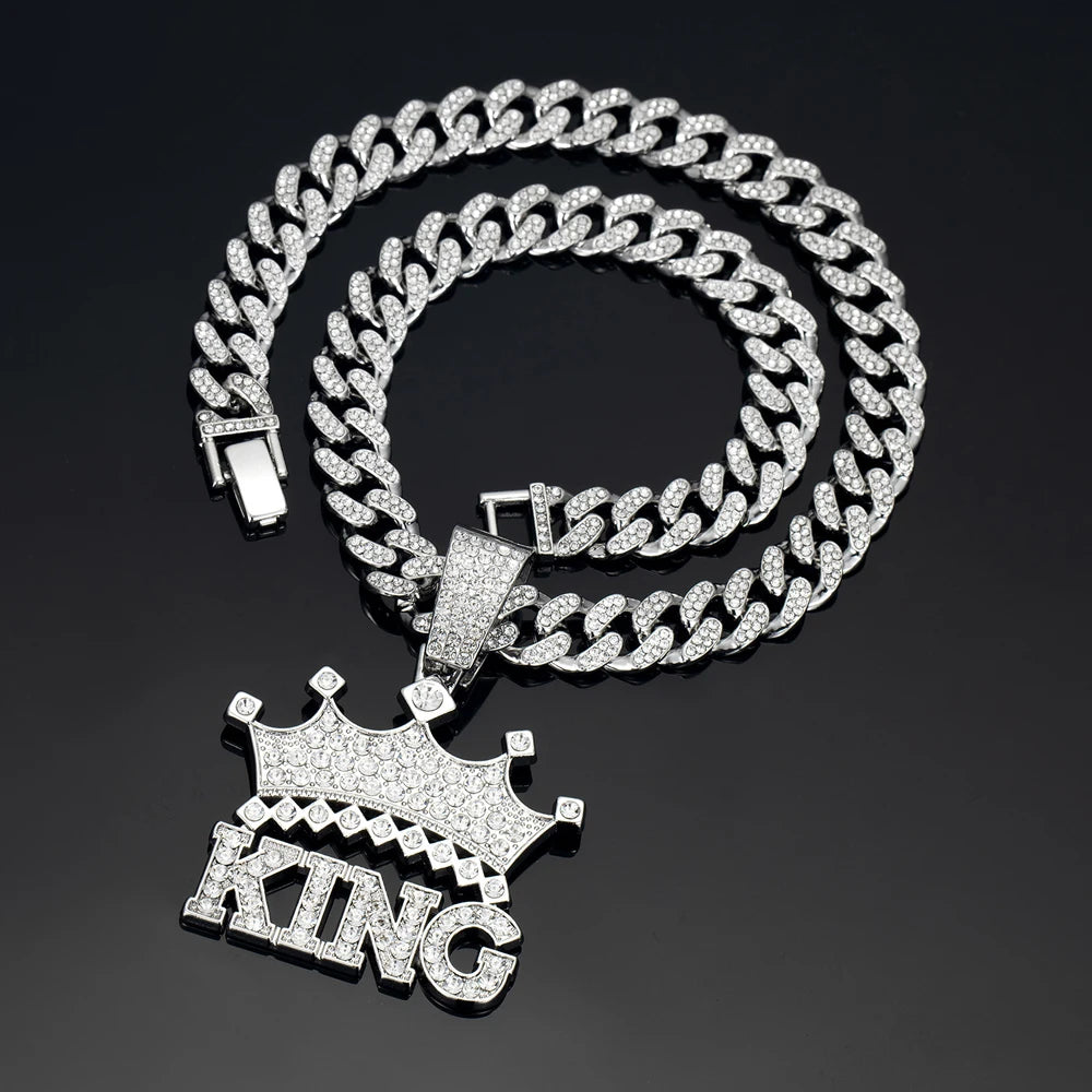 Hip Hop Crown with King Pendant Necklace - 13mm Crystal Cuban Chain - Afrilinker