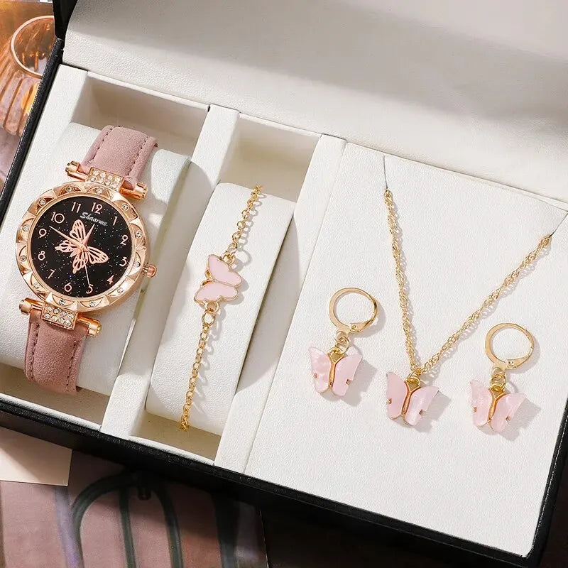Fashion Casual Butterfly Watch & Jewelry Set - Leather Band - Afrilinker