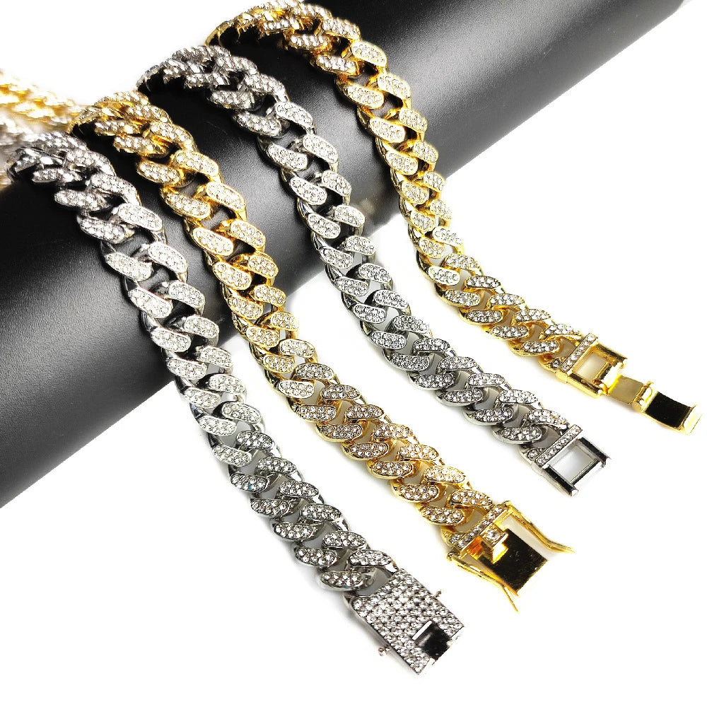 Unisex 13MM AAA Rhinestone Iced Out Miami Cuban Link Chain Necklace - Afrilinker
