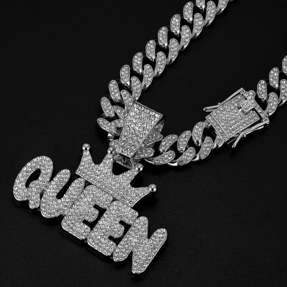 Hip Hop Crown & QUEEN Letter Pendant Cuban Chain Necklace - Afrilinker