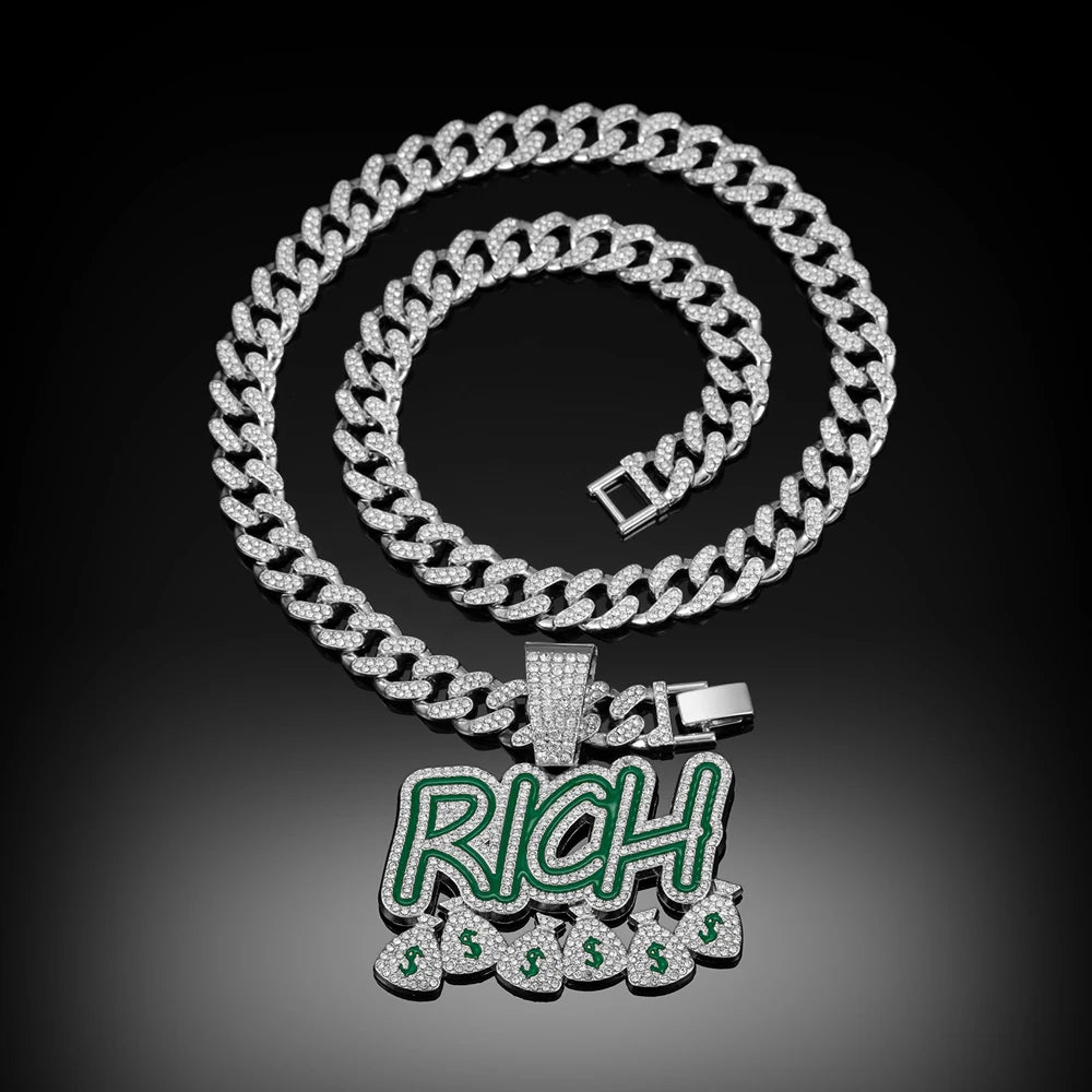 Hip Hop "RICH" Money Bag Pendant Necklace with 13mm Miami Cuban Chain - Afrilinker