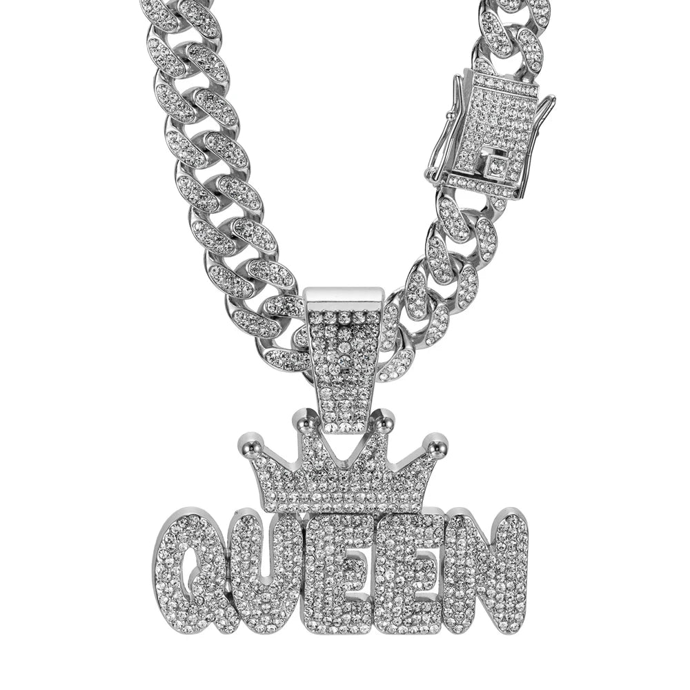 Hip Hop Crown & QUEEN Letter Pendant Cuban Chain Necklace - Afrilinker