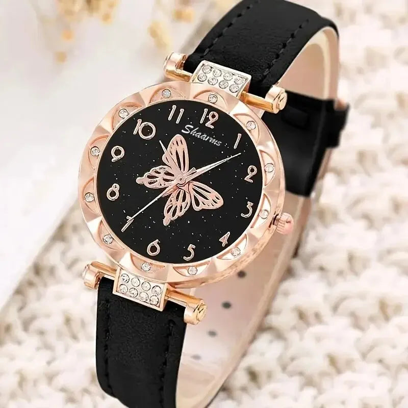 Fashion Casual Butterfly Watch & Jewelry Set - Leather Band - Afrilinker