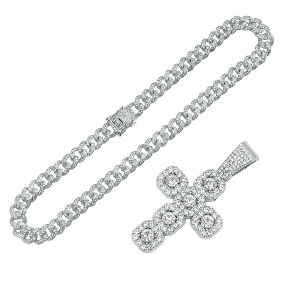 Hip Hop Square Cross Pendant Necklace with 13mm Cuban Chain - Afrilinker