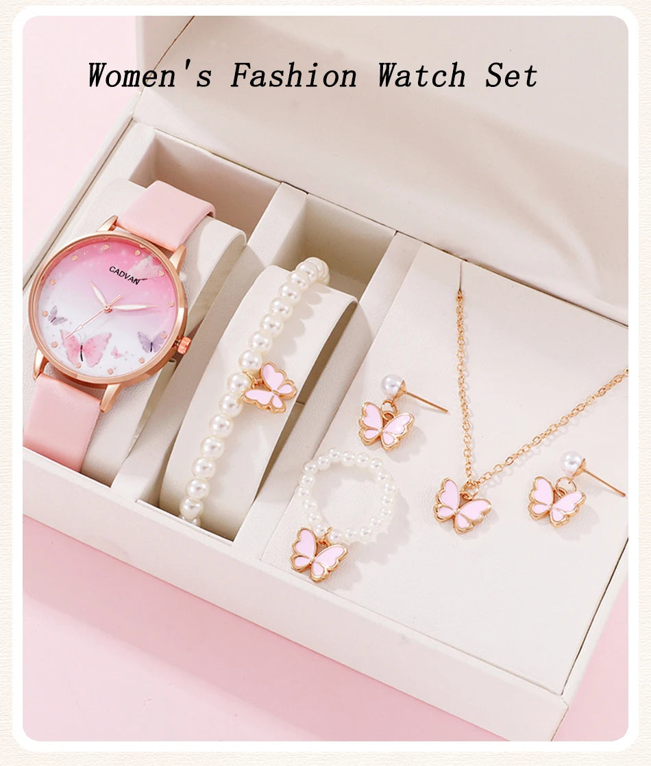 Women's Pink Butterfly Watch & Jewelry Set - Afrilinker