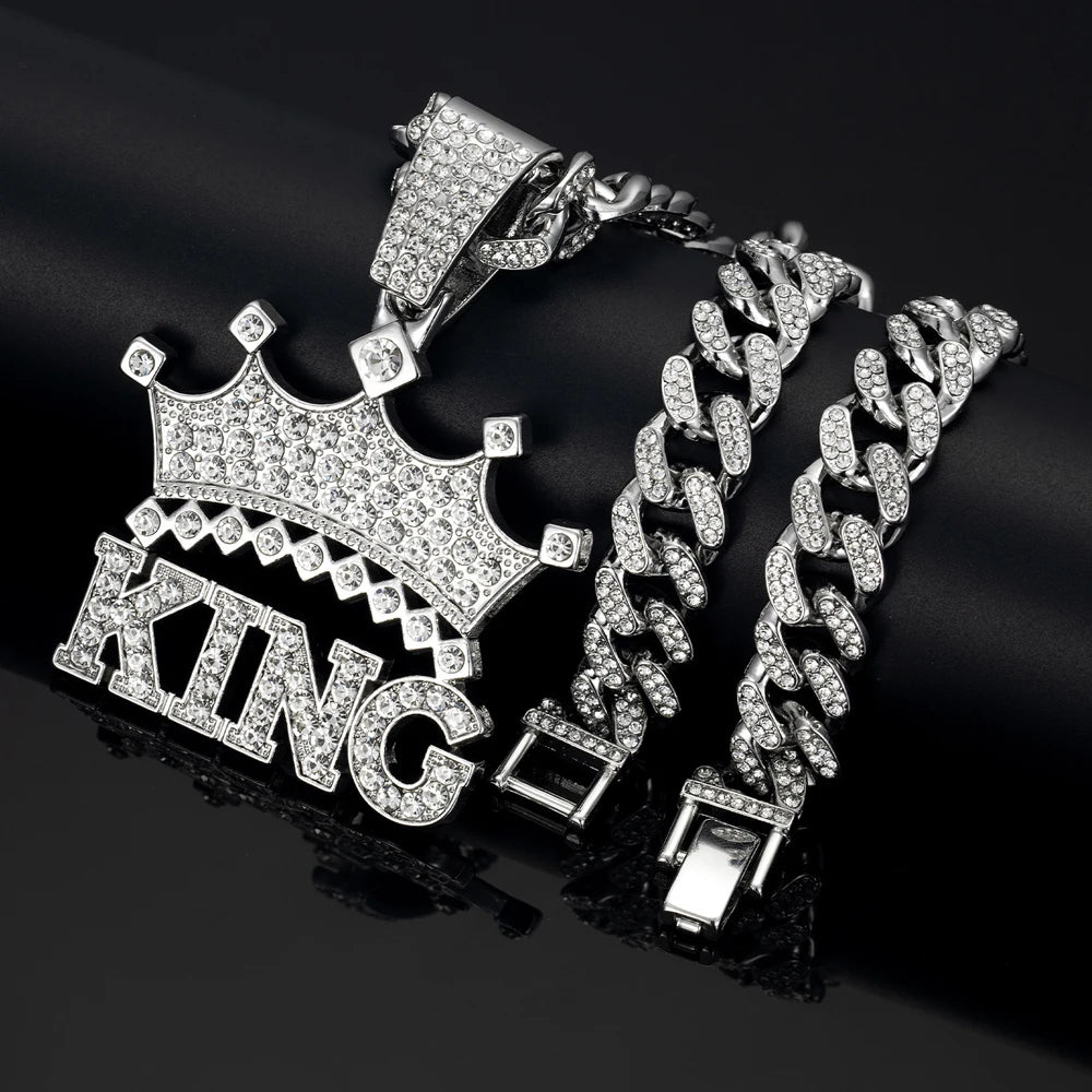 Hip Hop Crown with King Pendant Necklace - 13mm Crystal Cuban Chain - Afrilinker