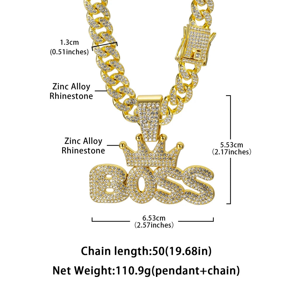 Hip Hop "BOSS" Pendant Necklace with Iced Out Rhinestones - Afrilinker